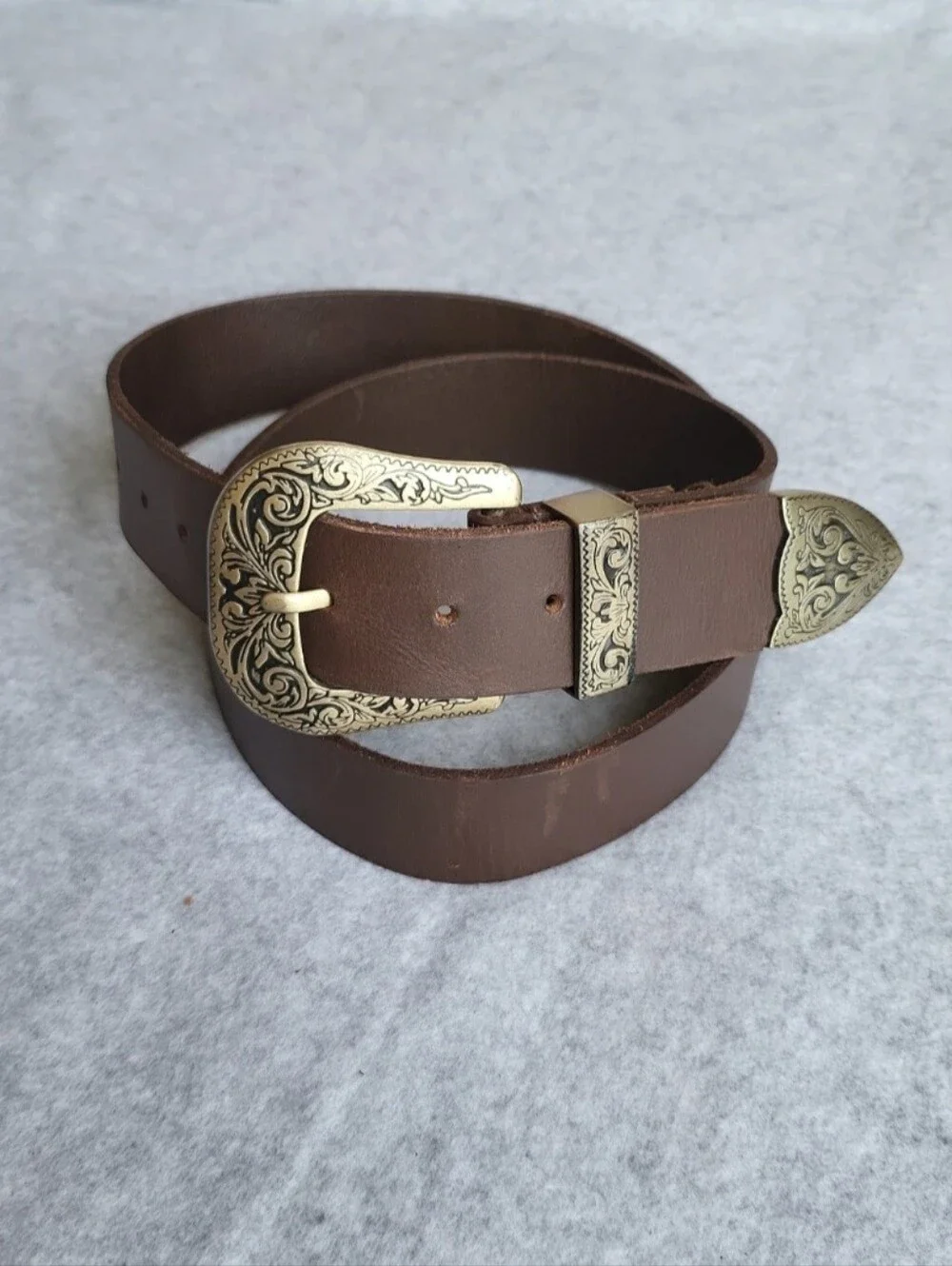 Silence + Noise Western Belt Mens Large Brown Cow Leather Cowboy Brass Buckle